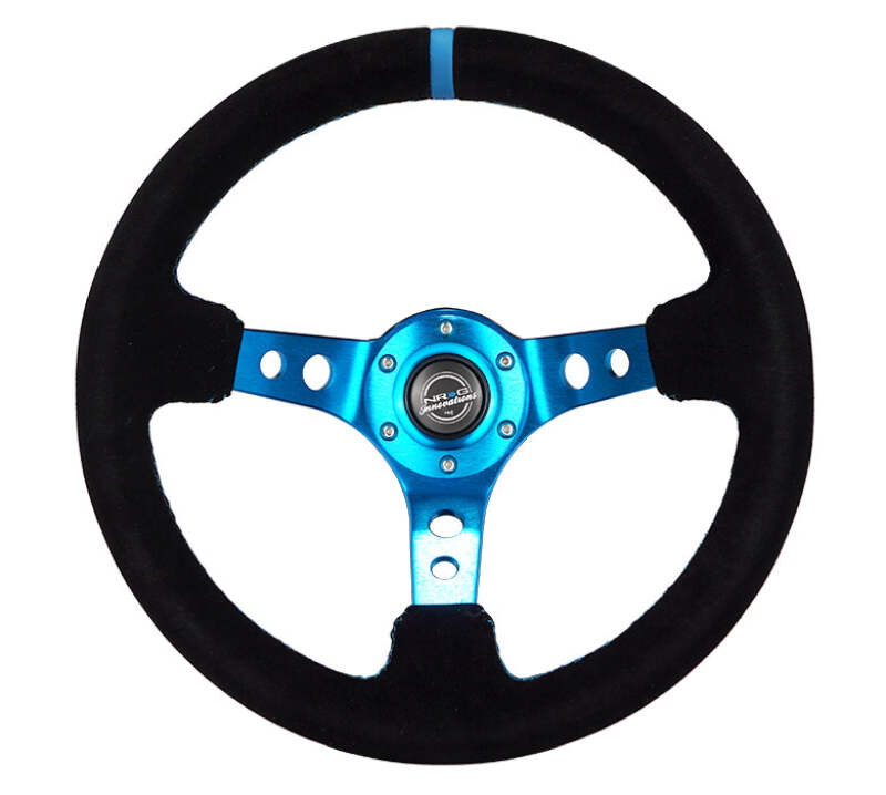 NRG Reinforced Steering Wheel (350mm) 3in Deep Blue Spoke W/ Holes - Black Suede Blue Stripe/Stitch - RST-006S-BL Photo - Primary
