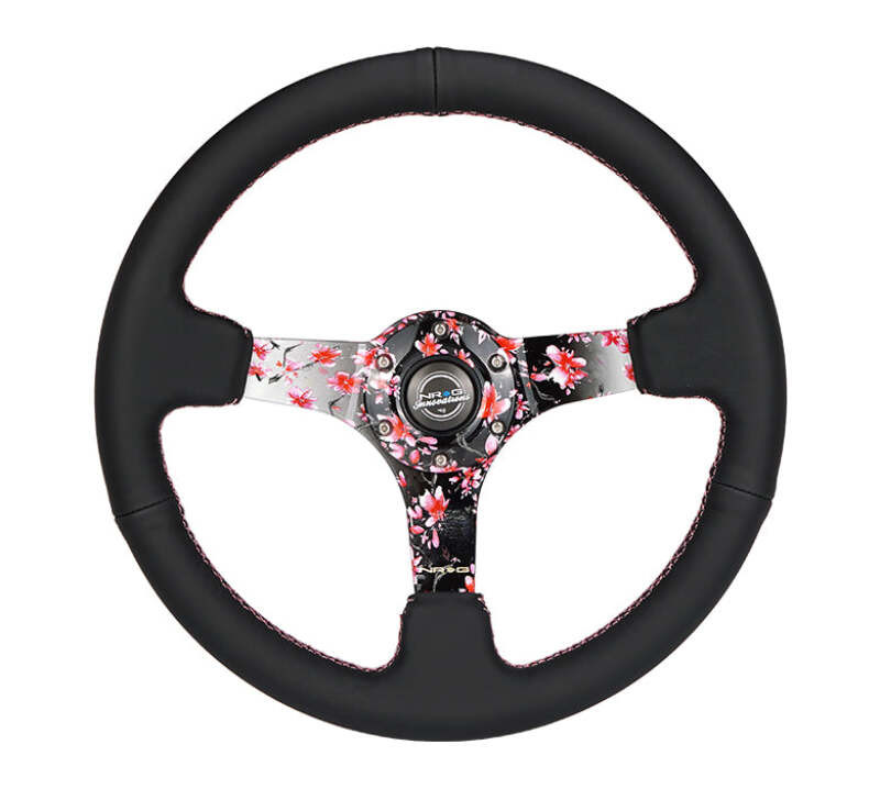 NRG Reinforced Steering Wheel (350mm/3in.) Hydro Dipped Sakura Floral w/ Pink Suede Black Stitch - RST-036SAK-R Photo - Primary