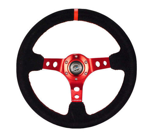 NRG Reinforced Steering Wheel (350mm / 3in. Deep) Blk Leather/Red Stitch w/Red Spoke - RST-006S-RD Photo - Primary