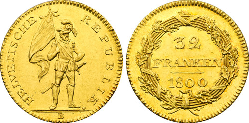 1800-B Switzerland Helvetic Republic 32 Franken AU/UNC