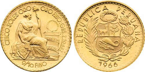 1966 Peru: Republic gold 5 Soles 