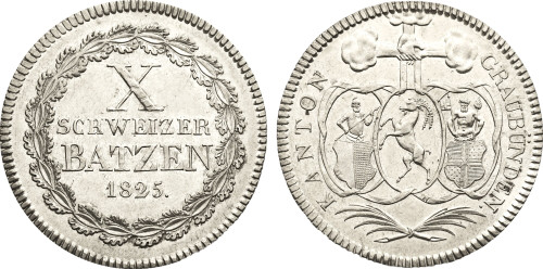 1825 Switzerland: Graubunden Canton Silver 10 Batzen 