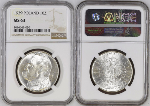 1939 Poland: Republic silver 10 Zlotych NGC MS63