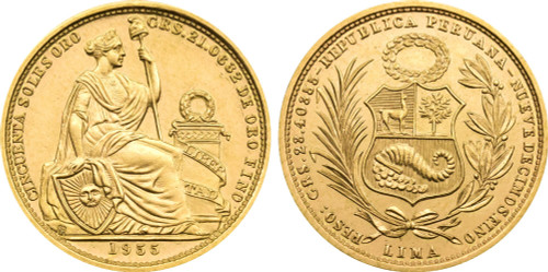 1955 Peru: Republic gold 50 Soles