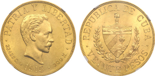 1915 Cuba: Republic gold 20 Pesos NGC MS61