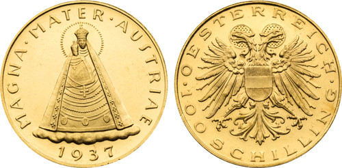 1937 Austria: Republic gold Prooflike 100 Schilling