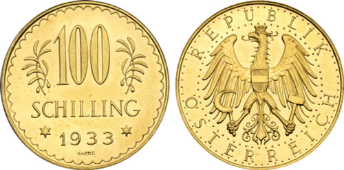 1933 Austria: Republic gold Prooflike 100 Schilling