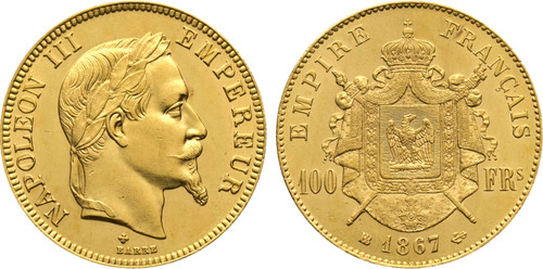 1867-BB France: Napoleon III gold 100 Francs