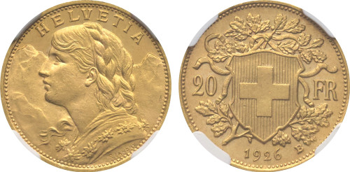 1926-B Switzerland: Confederation gold 20 Francs NGC MS66