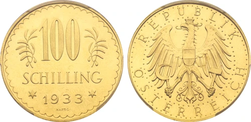 1933 Austria: Republic gold Prooflike 100 Schilling PCGS PL63