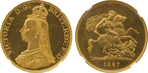 1887 Great Britain: Victoria gold Prooflike 5 Pounds NGC MS63 PL