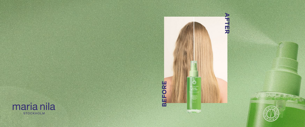 Maria Nila Bond Builder collection — before-and-after hair repair results with product spray.
