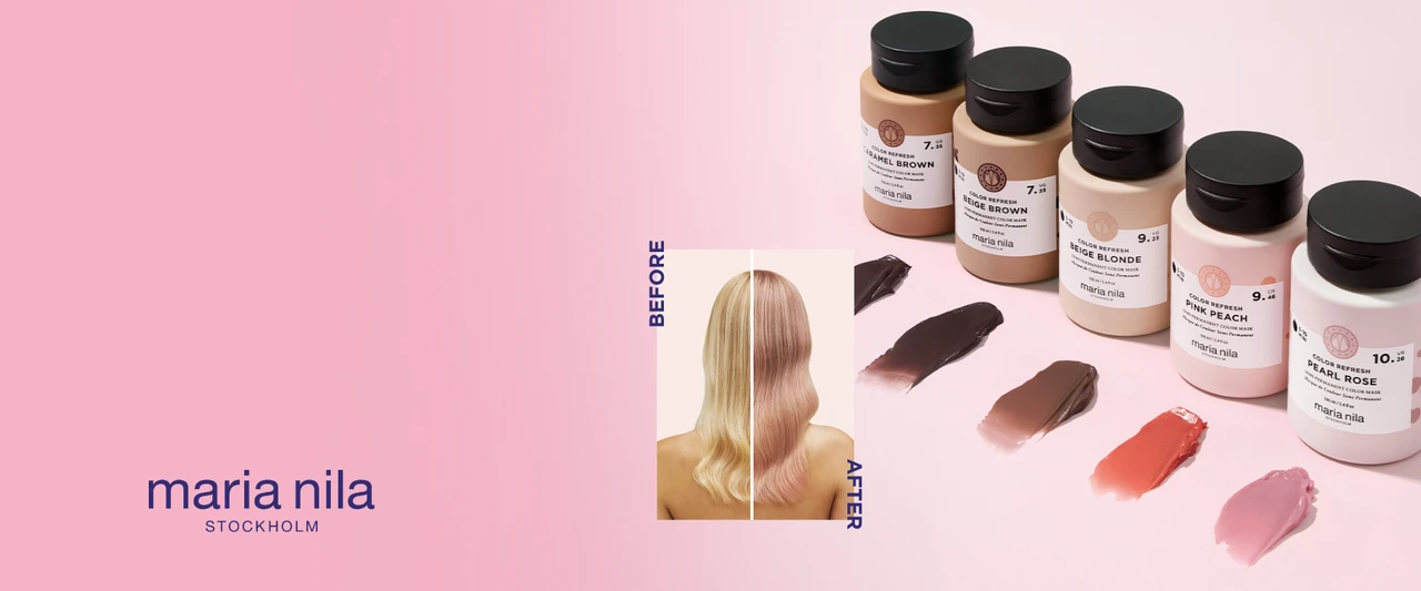 Maria Nila Bond Builder collection — before-and-after hair repair results with product spray.