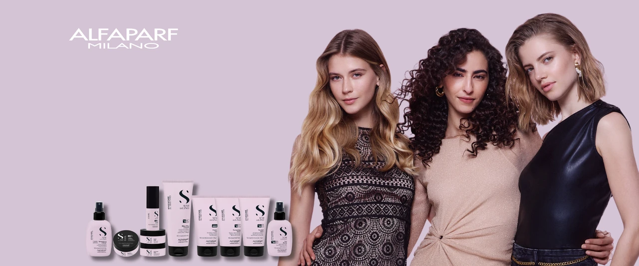 Alfaparf Milano Semi Di Lino Style & Care banner with three models showing wavy, curly, and straight hair styles.