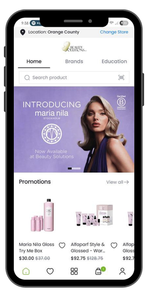 app-screenshot.png → Beauty Solutions mobile app home screen showing store selector, brand navigation, Maria Nila launch banner, and promotional product pricing.