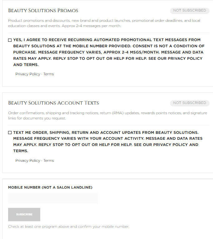 SMS sign-up form shown to signed-in customers