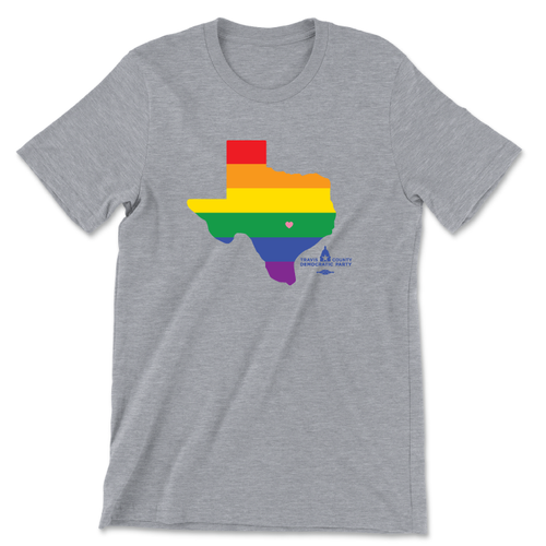 Unisex heather gray tee with the state of Texas filled with the pride rainbow on the front. Unisex heather gray tee with the state of Texas filled with the pride rainbow on the front.