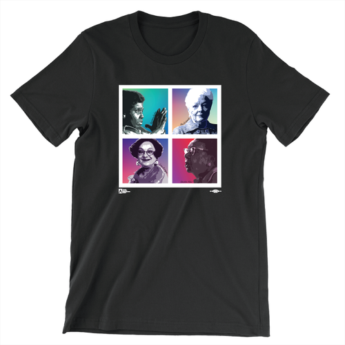Unisex black tee. On the front is a square divided into four, each quadrant depicts a stylized image of the following four women on a colorful gradient background: Ann Richards, Barbara Jordan, Christia Adair, and Irma Rangel Unisex black tee. On the front is a square divided into four, each quadrant depicts a stylized image of the following four women on a colorful gradient background: Ann Richards, Barbara Jordan, Christia Adair, and Irma Rangel