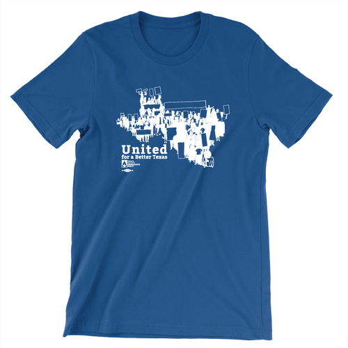 Unisex blue tee with image of silhouetted protesters in the shape of Texas Unisex blue tee with image of silhouetted protesters in the shape of Texas