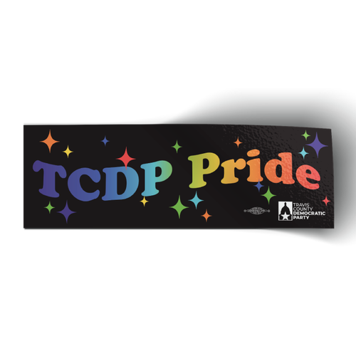 Rectangular sticker, design is wavy text "TCDP Pride" with stars in a rainbow gradient on a black background