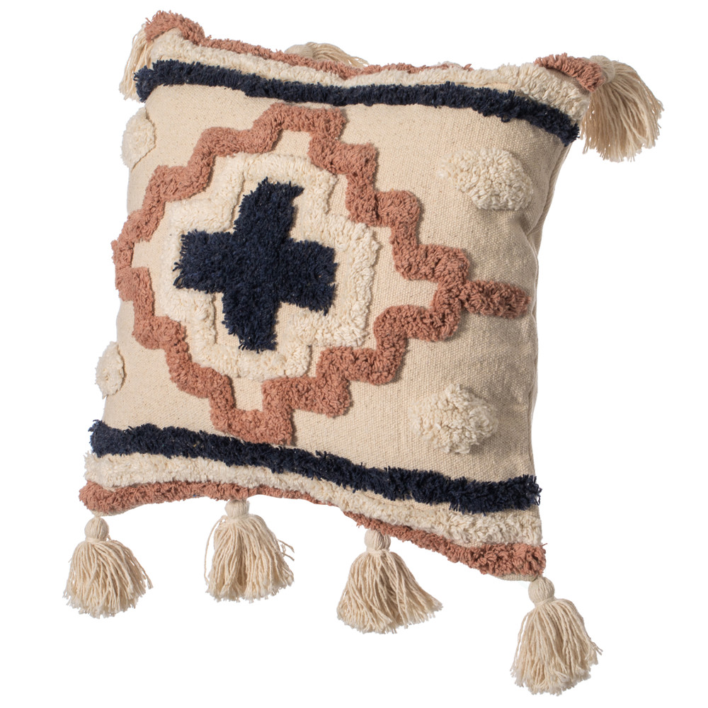 16" Handwoven Cotton Throw Pillow Cover with Tufted designs and Side Tassels