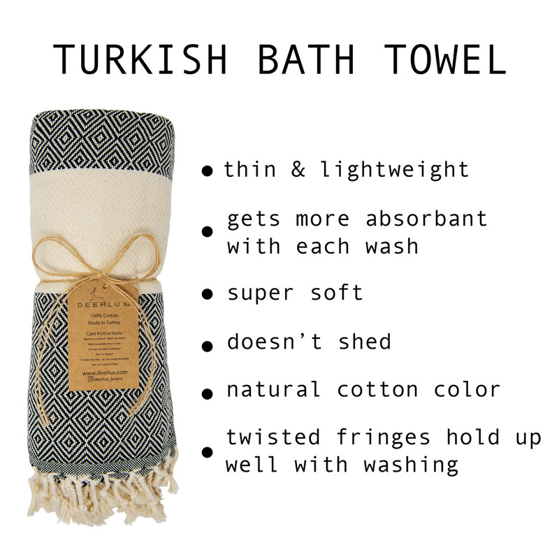 Deerlux 100% Cotton Turkish Hand Towels Set of 2 18 x 40 Diamond Peshtemal Kitchen and Bath Towels Navy