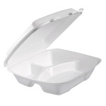 Dart Foam Hinged Lid Container, 3-Comp, 9 x 9 2/5 x 3, White, 100/Bag, 2 Bag/Carton View Product Image