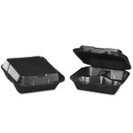 Genpak Snap-It Foam Hinged Carryout Container, 3-Comp, Black, 8-1/4x8x3,100/BG, 2 BG/CT View Product Image