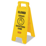 Rubbermaid Commercial Multilingual "Closed" Sign, 2-Sided, Plastic, 11w x 12d x 25h, Yellow View Product Image