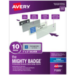 Avery The Mighty Badge Name Badge Holder Kit, Horizontal, 3 x 1, Inkjet, Silver, 10 Holders/ 80 Inserts View Product Image