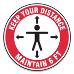 Accuform Slip-Gard Social Distance Floor Signs, 17" Circle, "Keep Your Distance Maintain 6 ft", Human/Arrows, Red/White, 25/Pack View Product Image