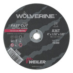 Weiler Wolverine Flat Type 1 Cutting Wheel, 4 in Dia, 1/16 Thick, 3/8 Arbor, 36 Grit View Product Image