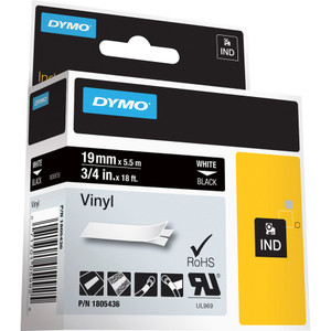 DYMO Rhino Permanent Vinyl Industrial Label Tape, 0.75" x 18 ft, Black/White Print View Product Image