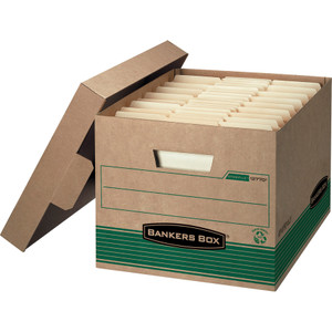 Bankers Box STOR/FILE Medium-Duty 100% Recycled Storage Boxes, Letter/Legal Files, 12.5" x 16.25" x 10.25", Kraft/Green, 12/Carton View Product Image