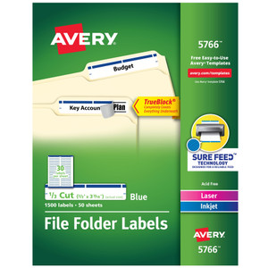 Avery Permanent TrueBlock File Folder Labels with Sure Feed Technology, 0.66 x 3.44, White, 30/Sheet, 50 Sheets/Box AVE5766 View Product Image