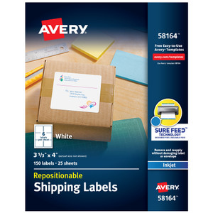 Avery Repositionable Shipping Labels w/SureFeed, Inkjet, 3 1/3 x 4, White, 150/Box View Product Image