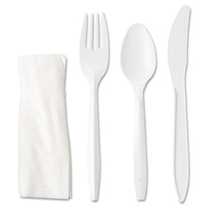 GEN Wrapped Cutlery Kit, Fork/Knife/Spoon/Napkin, Mediumweight, Polypropylene Plastic, White, 250/Carton View Product Image