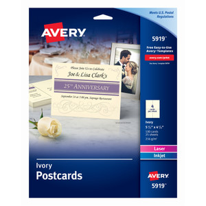 Avery Postcards for Inkjet/Laser Printers, 4 1/4 x 5 1/2, Ivory, 4/Sheet, 100/Box View Product Image
