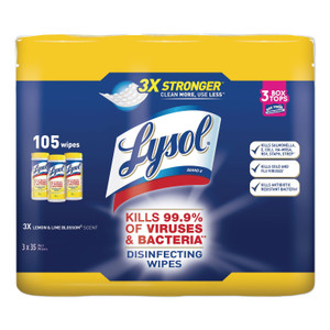 LYSOL Brand Disinfecting Wipes, 7 x 8, Lemon and Lime Blossom, 35 Wipes/Canister, 3 Canisters/Pack View Product Image