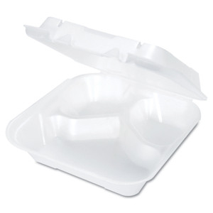Genpak Snap-It Vented Foam Hinged Container, 3-Comp, White, 8 1/4x8x3, 100/BG, 2 BG/CT View Product Image