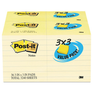 Post-it Notes Original Pads Value Pack, 3 x 3, Canary Yellow, 90 Sheets/Pad, 36 Pads/Pack View Product Image