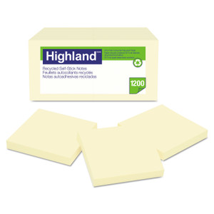 Highland Recycled Self Stick Notes, 3 x 3, Yellow, 100 Sheets/Pad, 12 Pads/Pack View Product Image