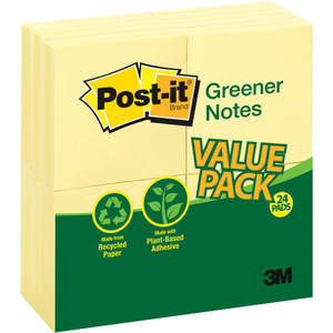 Post-it Greener Notes Recycled Note Pads, 3 x 3, Canary Yellow, 100-Sheet, 24/Pack View Product Image