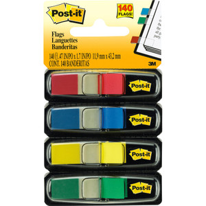 Post-it Flags Small Page Flags in Dispensers, 0.5" x 1.75", Assorted Primary, 35/Color, 4 Dispensers/Pack View Product Image