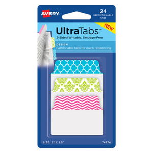 Avery Ultra Tabs Repositionable Standard Tabs, 1/5-Cut Tabs, Assorted Patterns, 2" Wide, 24/Pack View Product Image