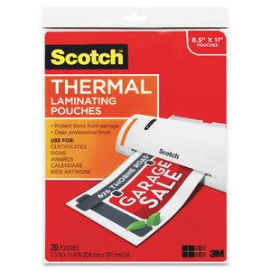 Scotch Laminating Pouches, 3 mil, 9" x 11.5", Gloss Clear, 20/Pack View Product Image