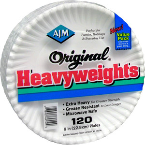 AJM Packaging Corporation Gold Label Coated Paper Plates, 9" dia, White, 120/PK, 8 PK/CT View Product Image