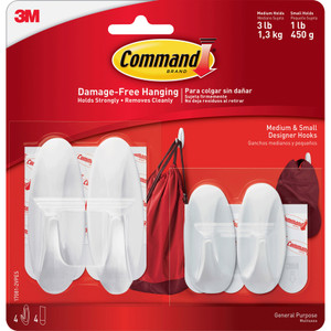 Command General Purpose Designer Hooks, Small/Medium, 3 lb Cap, White, 4 Hooks and 4 Strips/Pack View Product Image