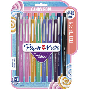 Paper Mate Flair Felt Tip Stick Porous Point Pen, Medium 0.7 mm, Assorted Colors Ink/Barrel, 16/Pack View Product Image