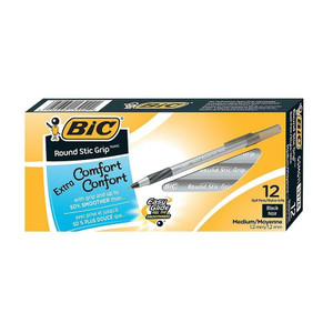 BIC Round Stic Grip Xtra Comfort Ballpoint Pen, Easy-Glide, Stick, Medium 1.2 mm, Black Ink, Gray/Black Barrel, Dozen View Product Image